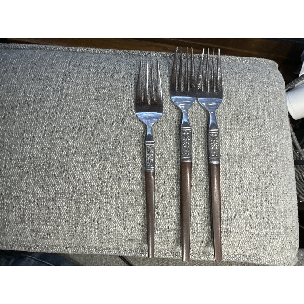 Interpur Stainless Steel Japan 3pc Fork Set Faux Wood Brown‎ Handle Vintage MCM